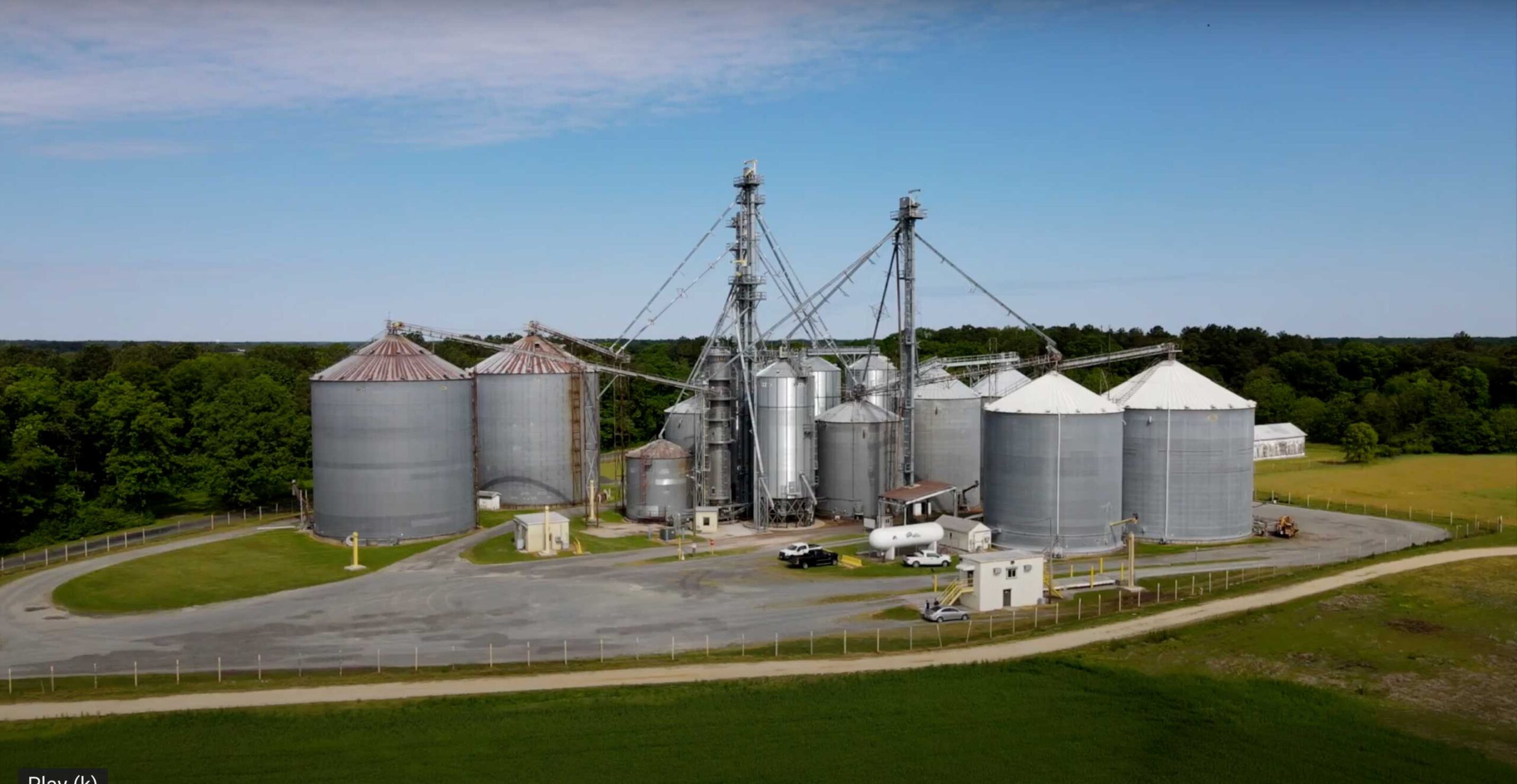 Aerial view of industrial silos.