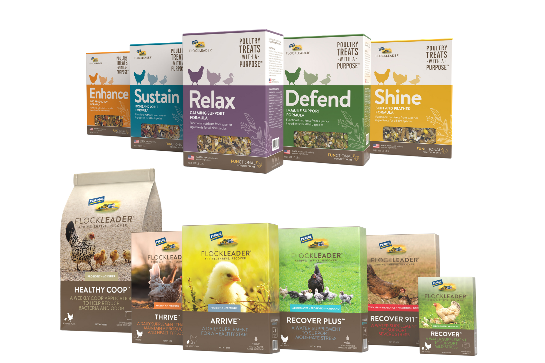 An image of 10 different Perdue FlockLeader packages on a white background.