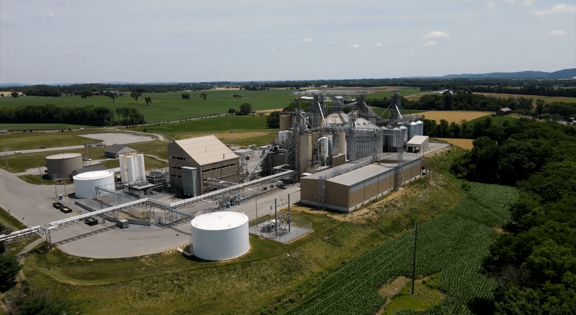 Aerial view of farm buildings.