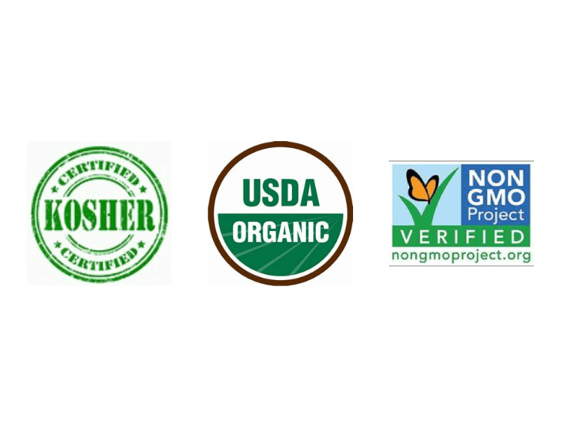 SQF, Kosher, USDA Organic, and Non GMO Project Verified certification logos.