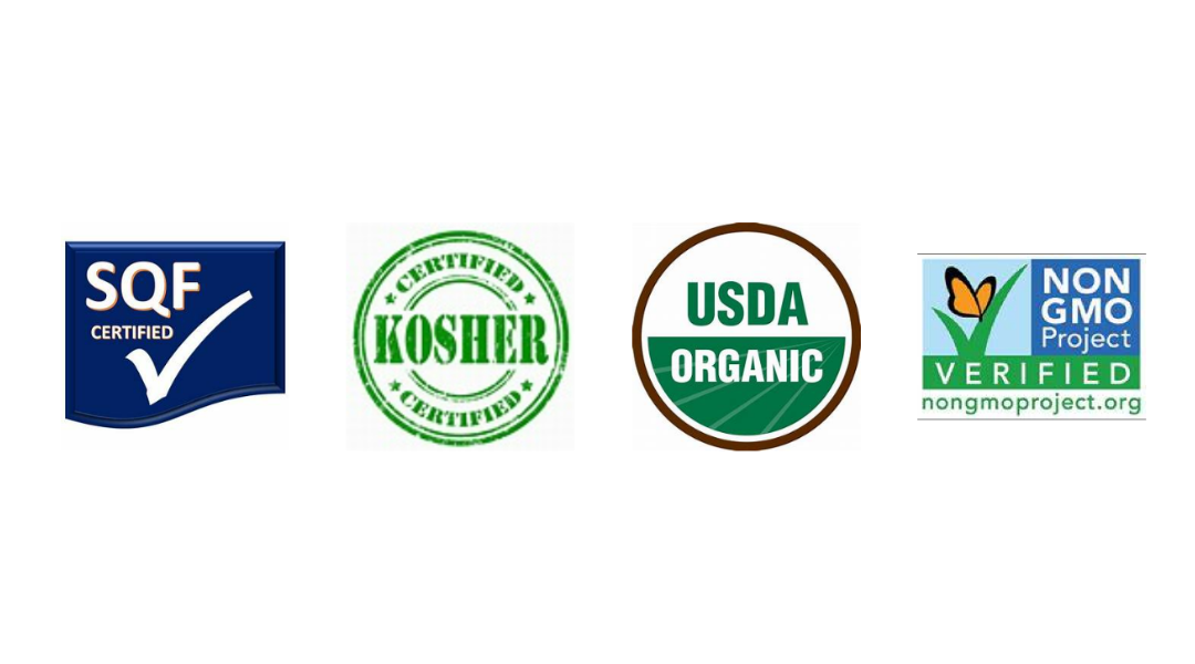 SQF, Kosher, USDA Organic, and Non GMO Project Verified certification logos.